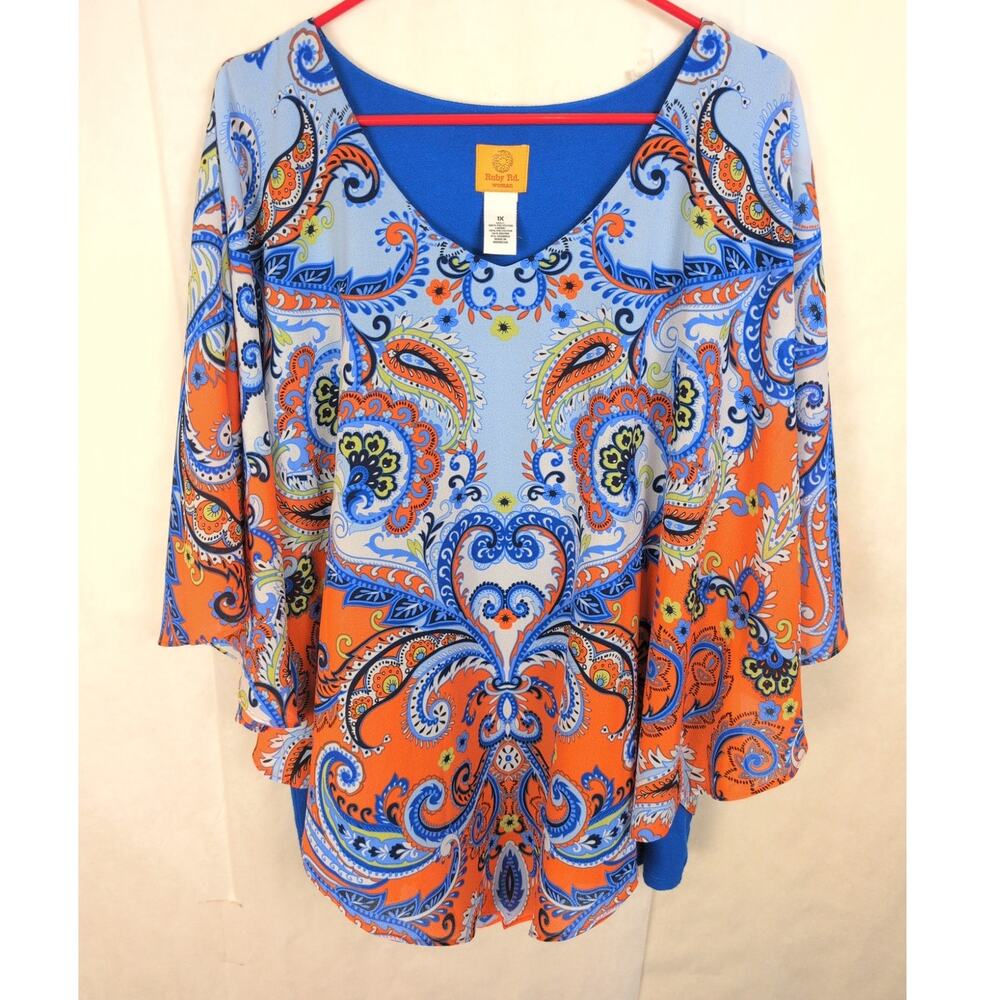 Ruby Rd blue and orange paisley floral kaftan tunic top Size 1X Boho Hippie